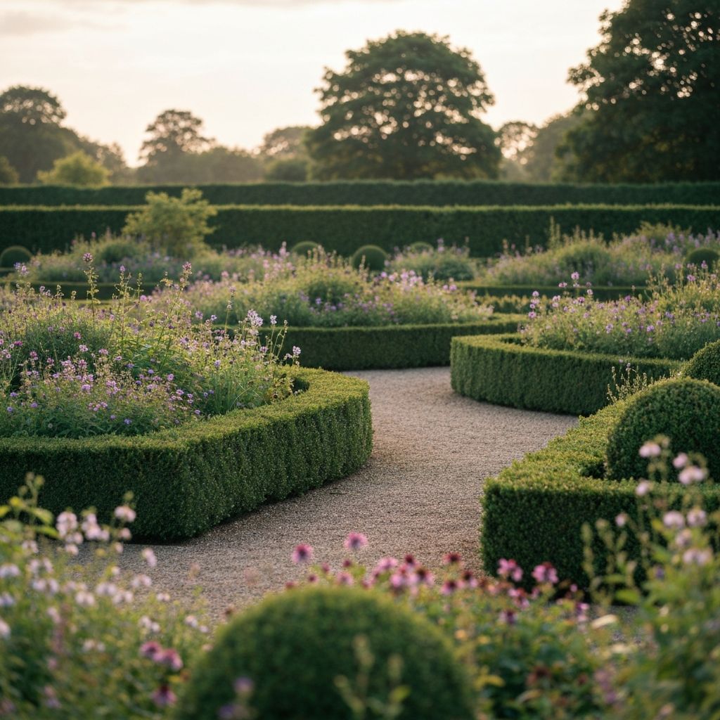 Formal garden design with clipped hedges and mixed borders
