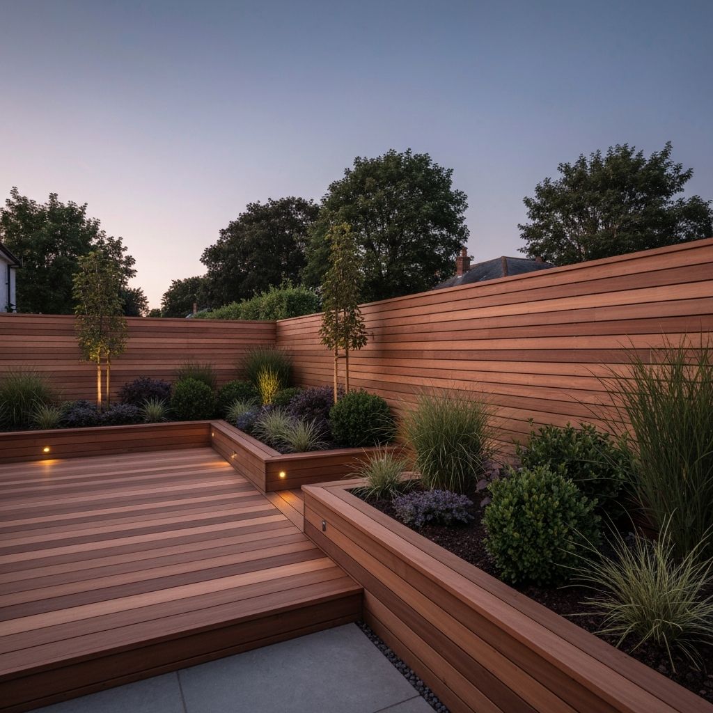 Modern garden with decking, planters and fencing
